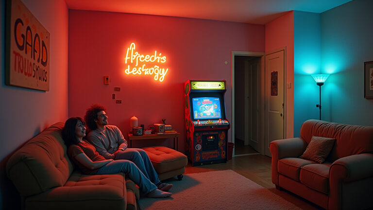 Sala de estar temática Stranger Things, com decoração anos 80 e detalhes do Mundo Invertido.