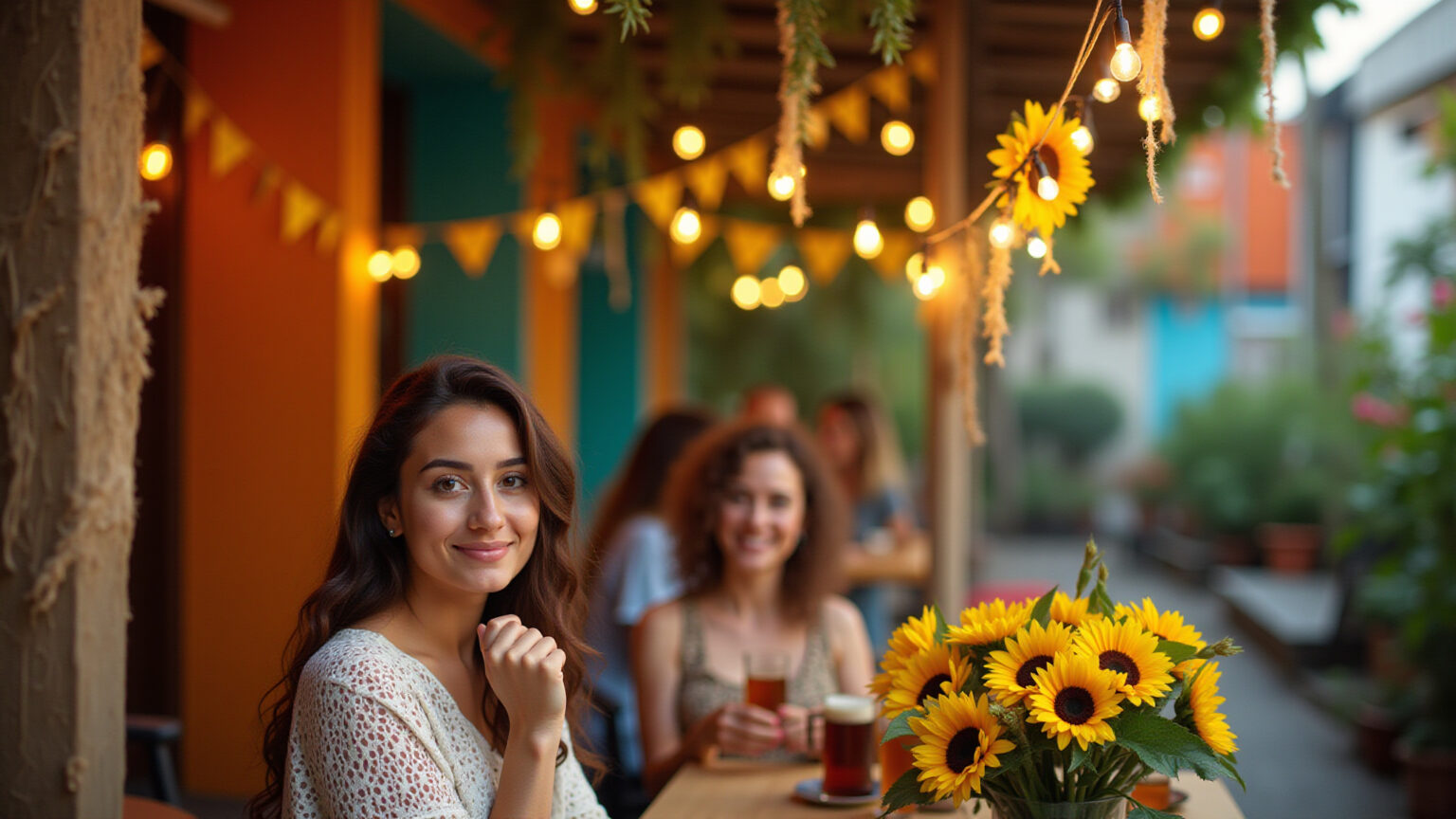 Decoração de Festa Junina: 17 ideias que vão bombar Decoração de Festa Junina moderna e vibrante com bandeirinhas, chita, girassóis e iluminação aconchegante.