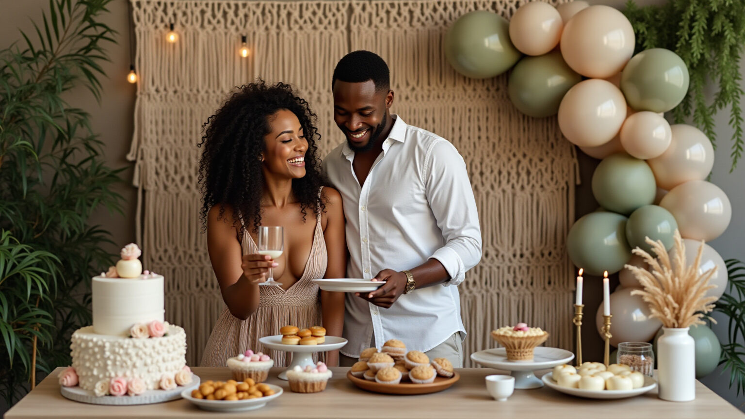 Decoração sofisticada de chá revelação com estilo boho rústico, cores neutras e balões, um casal adulto sorrindo.