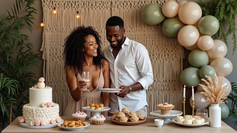Decoração sofisticada de chá revelação com estilo boho rústico, cores neutras e balões, um casal adulto sorrindo.