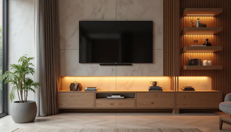 58 Ideias de Painel de TV com Porcelanato e Ripado Para 2026