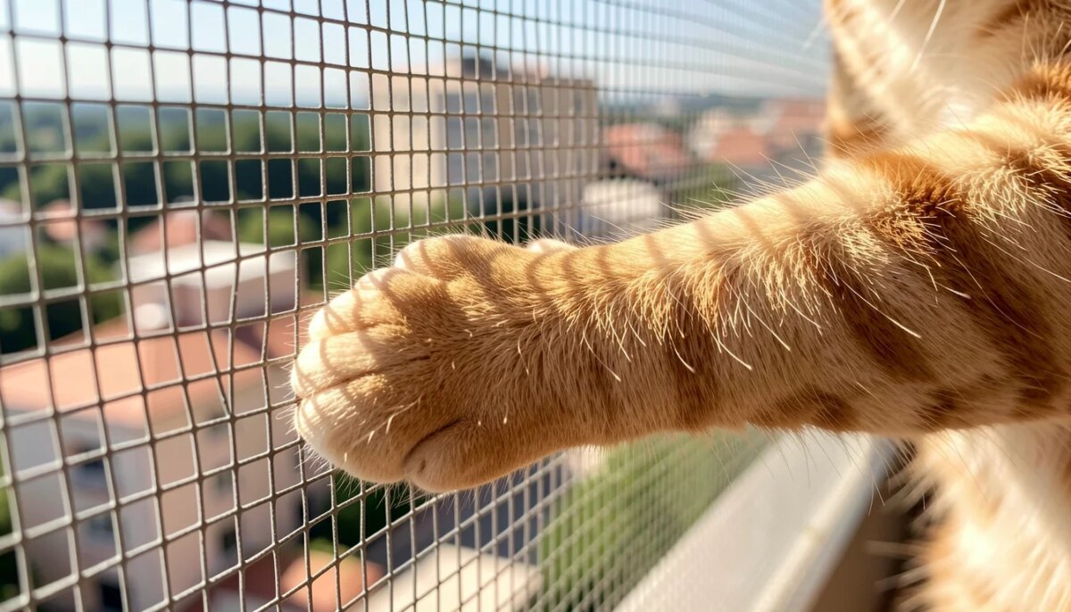 Qual o Tamanho da Malha de Rede para Gato? A Segurança em Primeiro Lugar! Gato tocando a malha de proteção 3x3 cm na varanda
