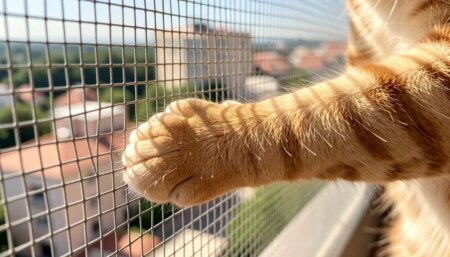 Gato tocando a malha de proteção 3x3 cm na varanda