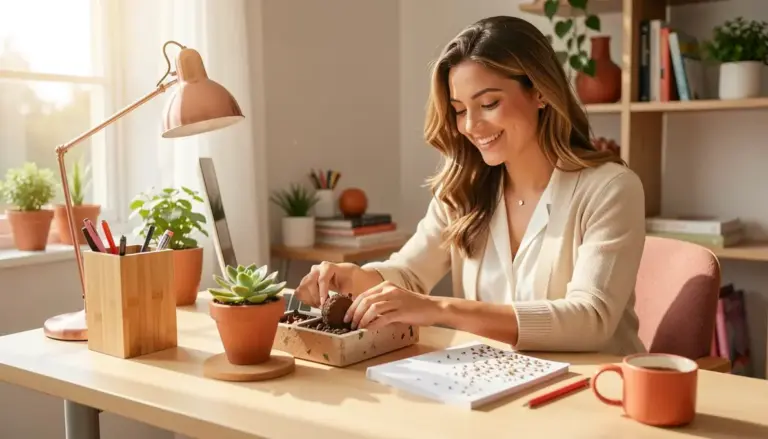 32 Ideias Criativas com Materiais Sustentáveis para Decoração de Mesa de Escritório Feminino