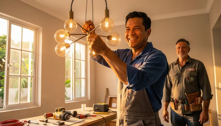 Eletricista profissional instalando lustre em casa em Meireles, Fortaleza.