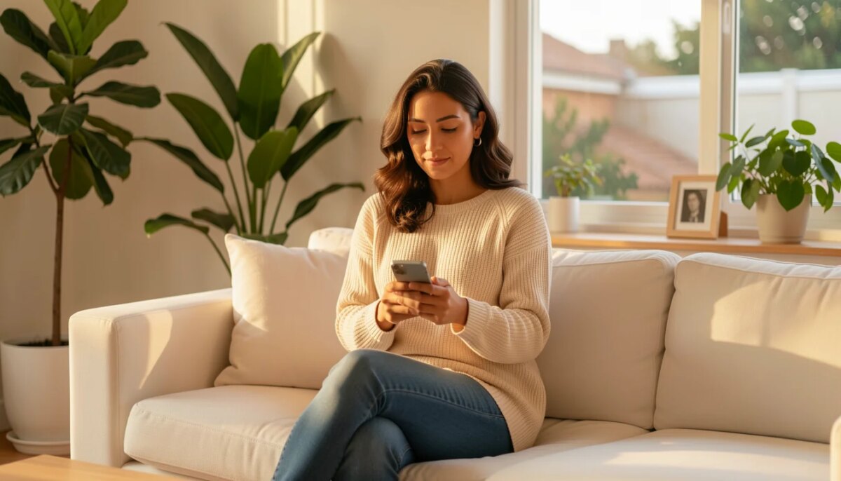 Mulher relaxada segurando smartphone virado em sala minimalista iluminada
